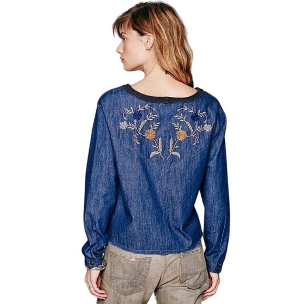 Free People Denim Embroidered Long Sleeve Top